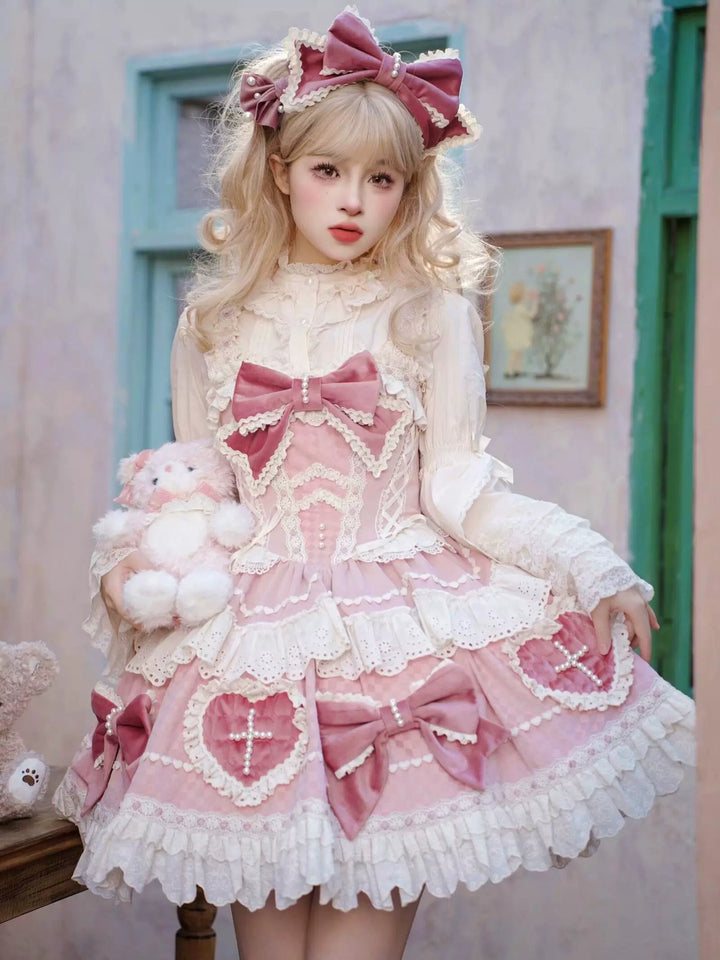 Sakurahime~Cross Sweetheart~Pink Sweet Lolita JSK Dress Doll Lolita Short Dress