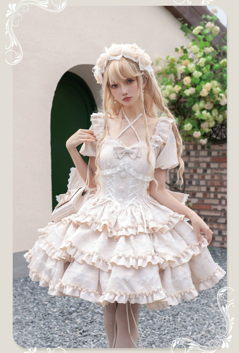 OCELOT~Puff Rose~Sweet Lolita OP Princess Bow Trailing Lolita Dress   