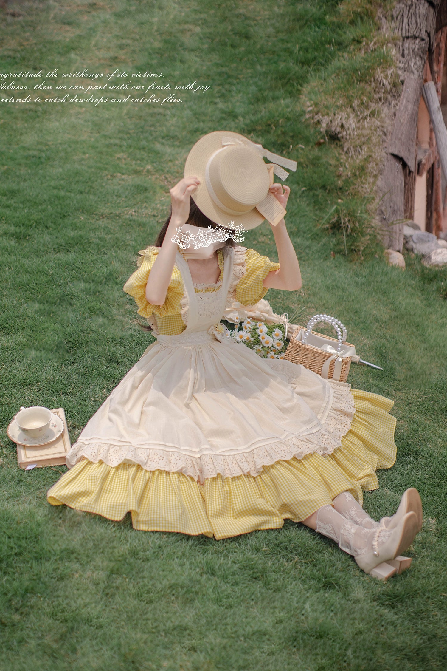 HuTaoMuJK - Belle - Yellow Lolita OP Dress Set Apron Dress Plaid Print