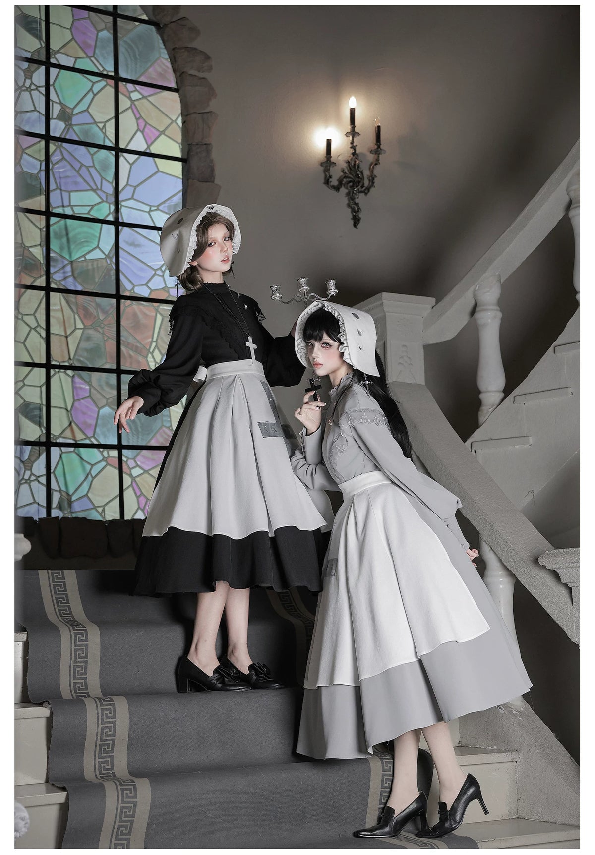 Moon Phase - Gothic Lolita OP Dress Set, Detachable Cross-Shaped Apron 46035:873391