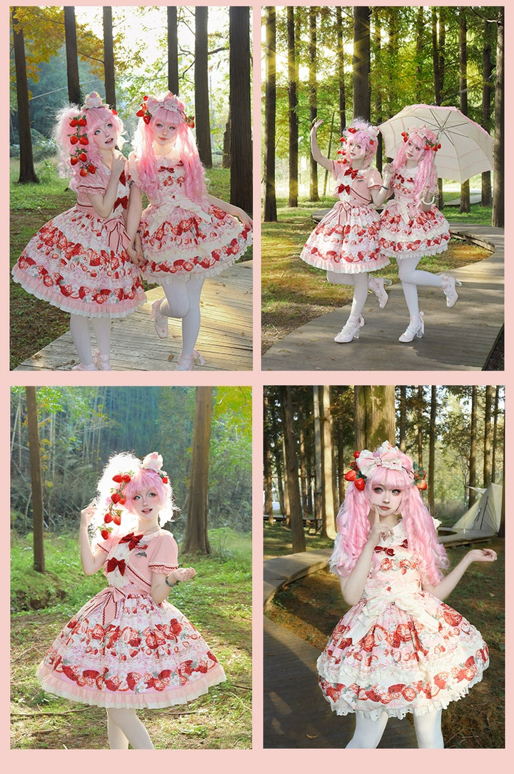 Strawberry Fantasia~Sweet Lolita OP Dress Set Puffy Skirt Long JSK and Shirt