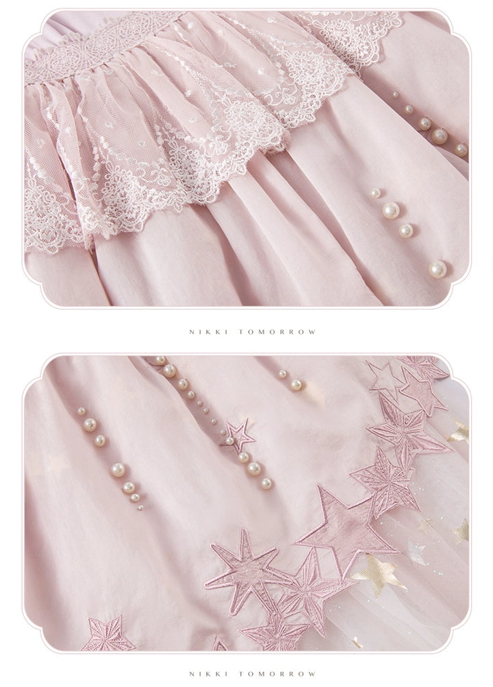 Nikki Tomorrow~Stars Descending~Pink Classic Lolita OP Mesh Embroidery Dress