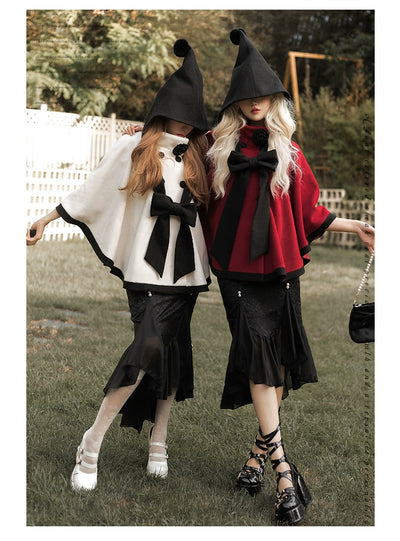 Urtto~Lolita Woolen Coat Autumn Winter Elegant Red and Cream Cloak   