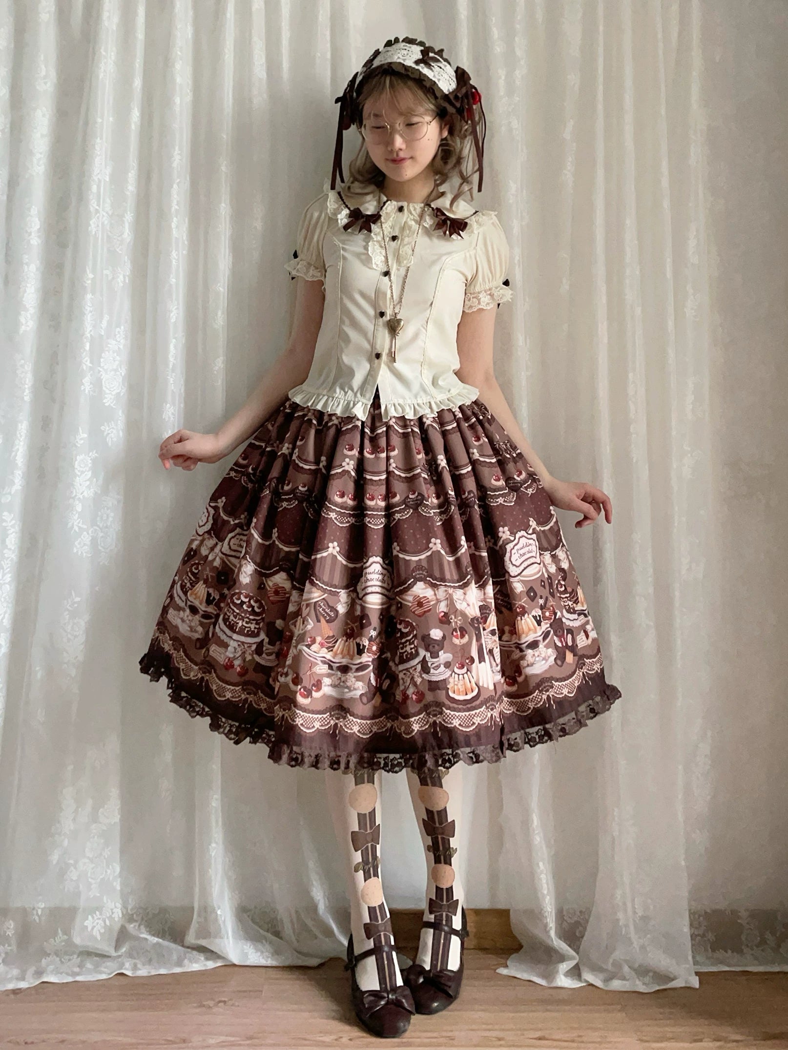 Cherry Choco Bear - Kawaii Lolita Elastic Skirt, Dessert and Cherry Print
