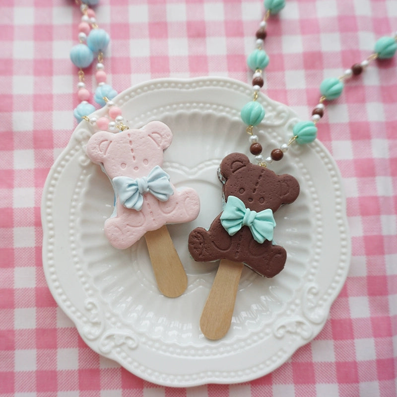 Cat Tea Party~Kawaii Lolita Necklace Bear Biscuit Ice Cream Handmade Clay Necklace   