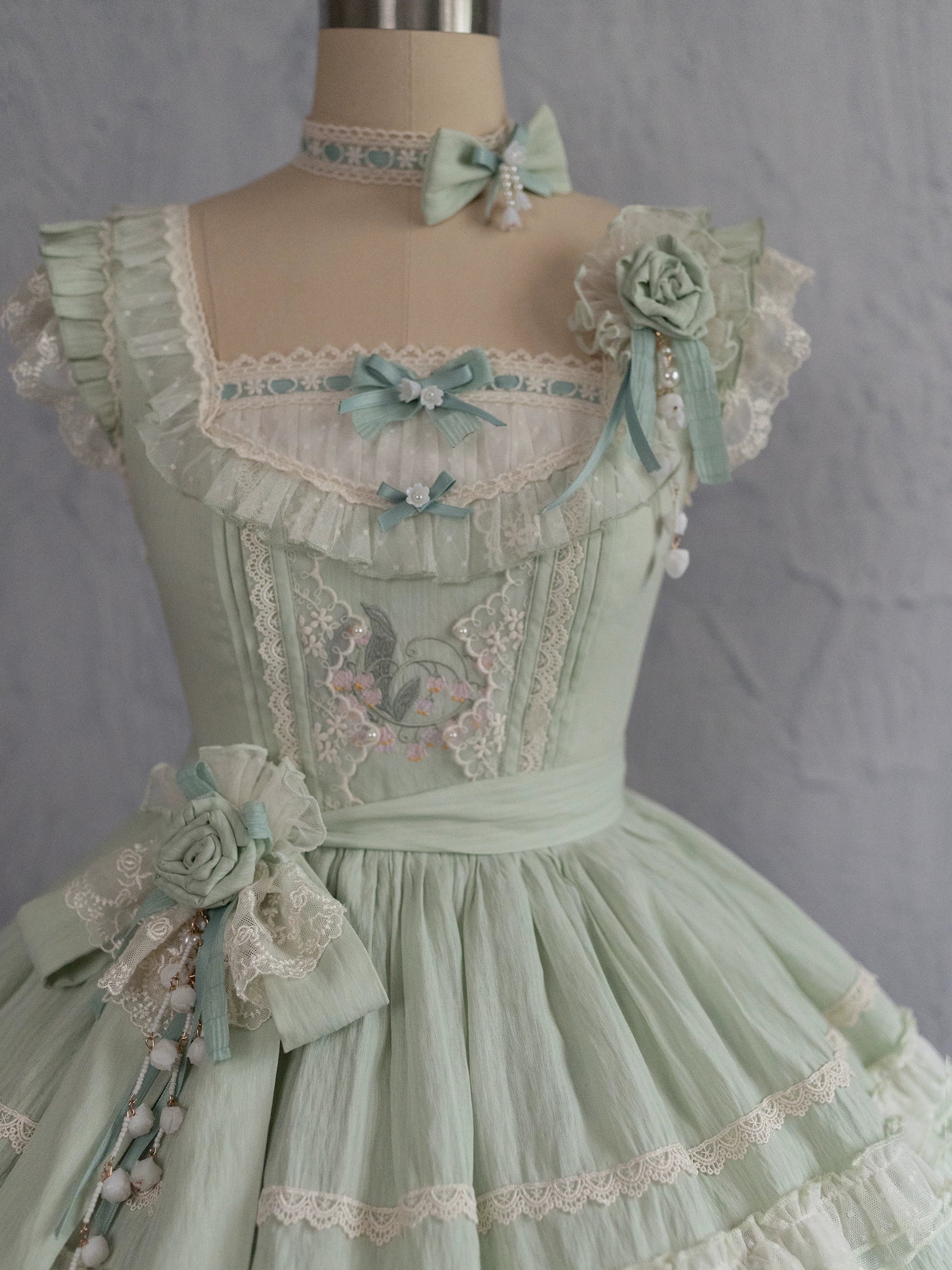 Lily of the Valley Lamb - Classic Lolita Tiered Hem JSK Dress with Embroidery 45277:852033
