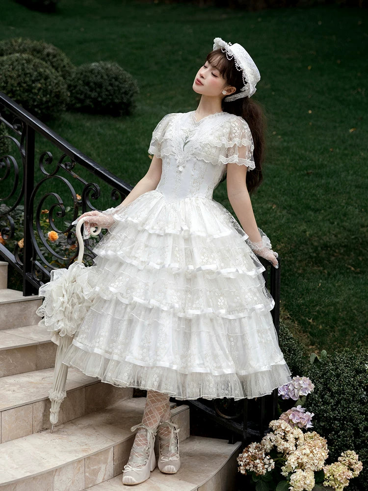 Morning Dew Lily - White Classic Lolita OP Dress, Tiered Skirt