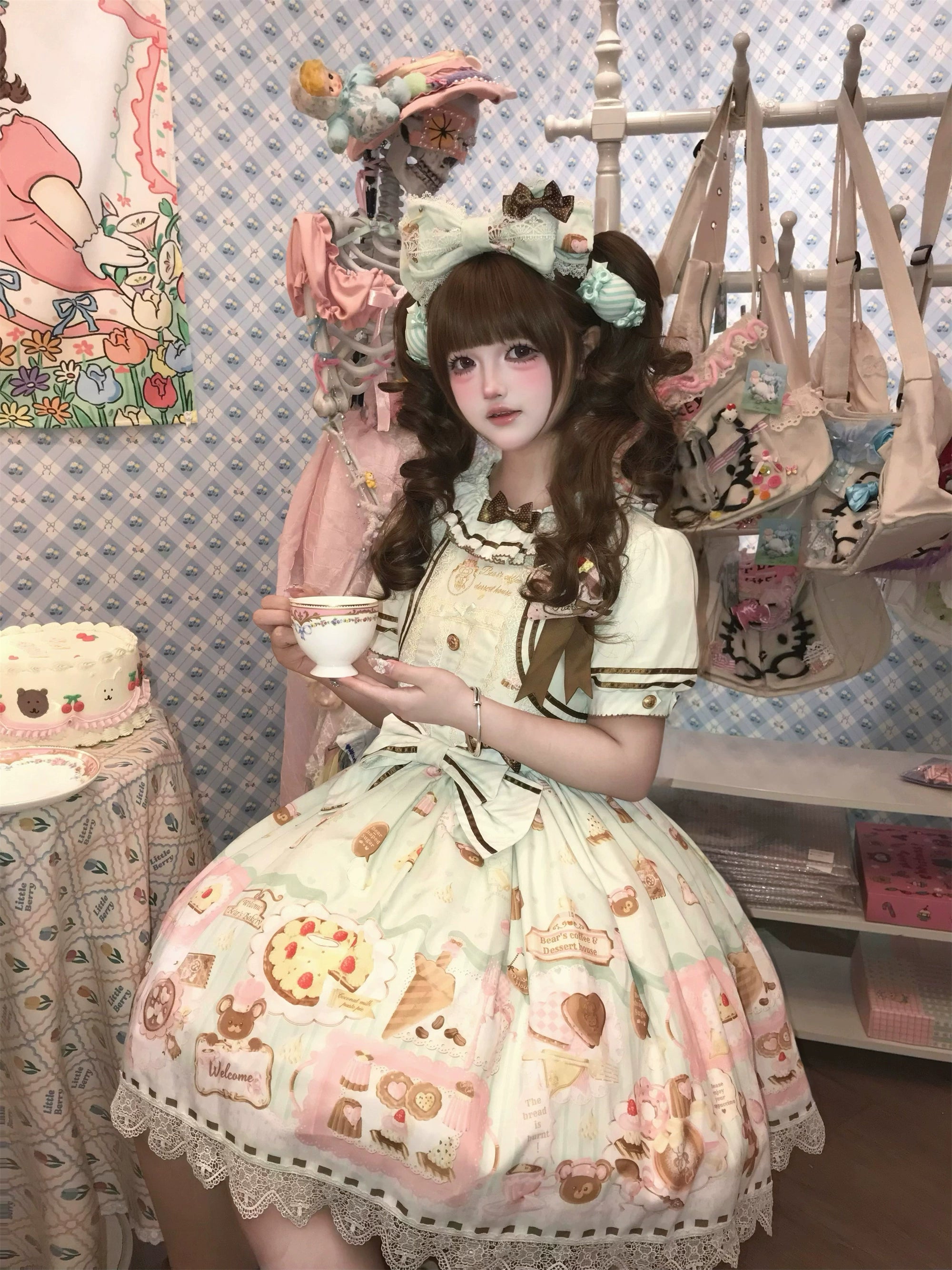 Babyblue - Dream Teahouse - Dessert Print Kawaii Lolita OP Dress Suit 43332:773713
