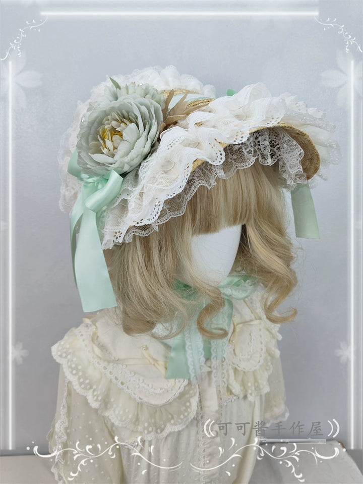 Cocoa Jam~Country Lolita Bonnet Lace Flower Flat Cap Multicolors Customized mint green  