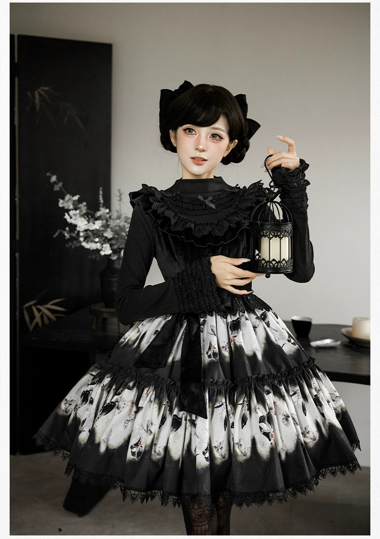 With PUJI - Dead Leaf Butterfly - Gothic Lolita JSK & OP Dress Set, Butterfly Print 44346:805378