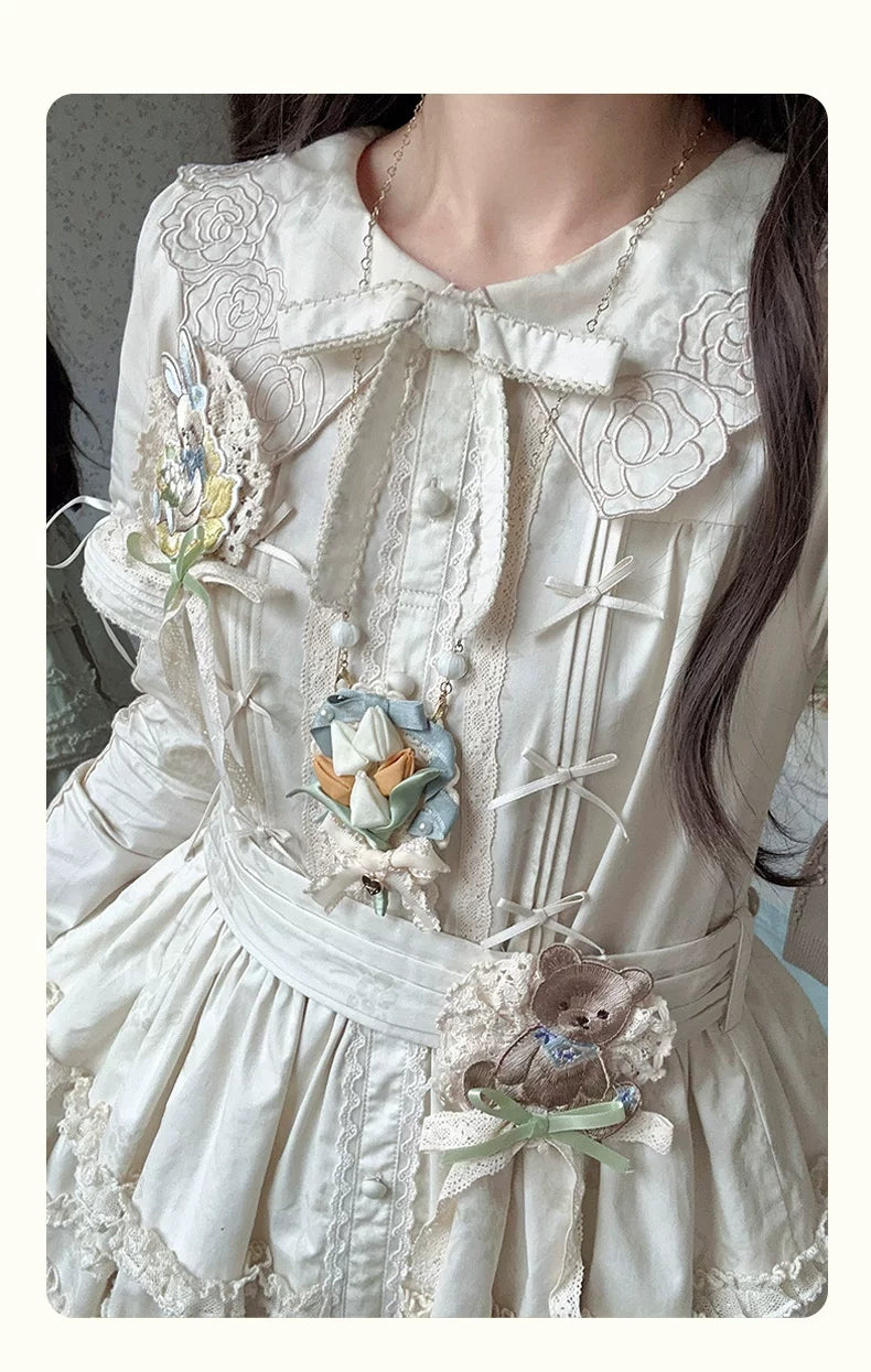 Flower Rabbit Bear - Country Lolita Tiered Skirt Dress, Floral & Bear Print