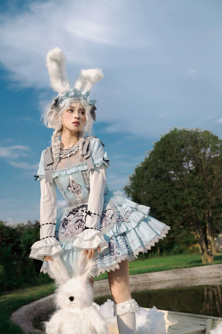 Honey Machine~Doll Theater~Sweet Lolita OP/JSK Bunny Print Daily Lolita Dress   