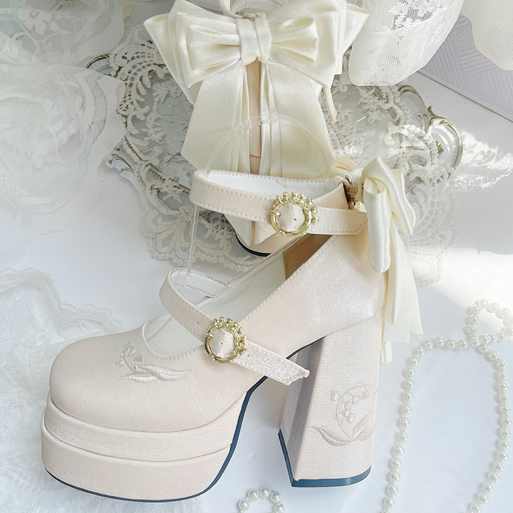 Dreamland~Floating Dream Lily~Elegant Lolita High Heel Shoes Butterfly Knot Shoes 34 Champagne 