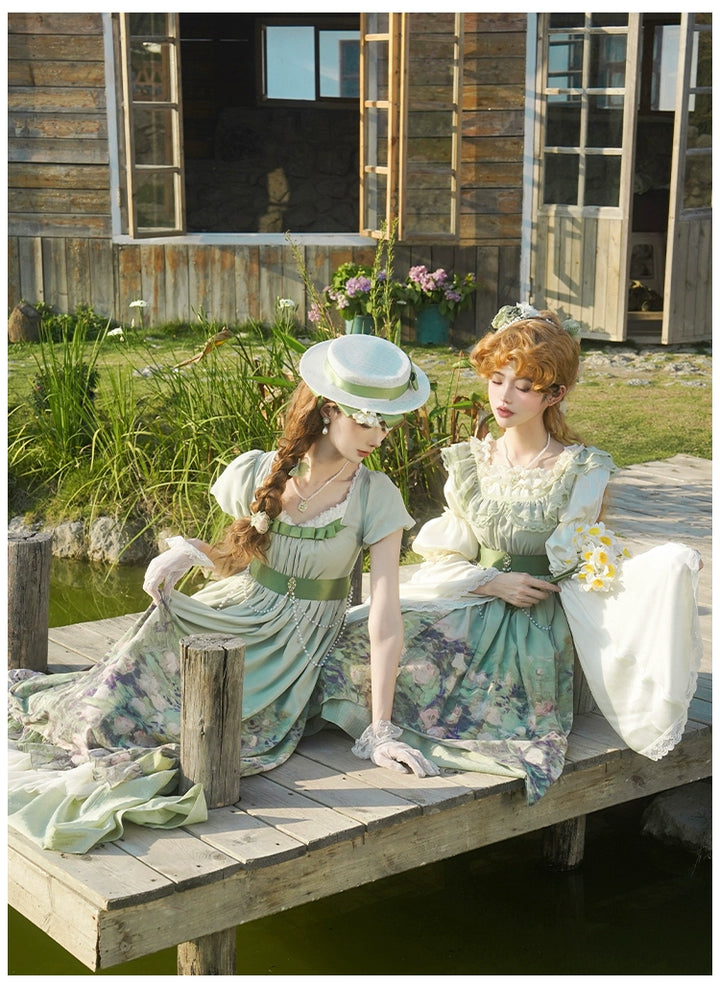 With PUJI~Blooming Rose~Chiffon Classic Lolita Dress Set Painting Styled OP & JSK