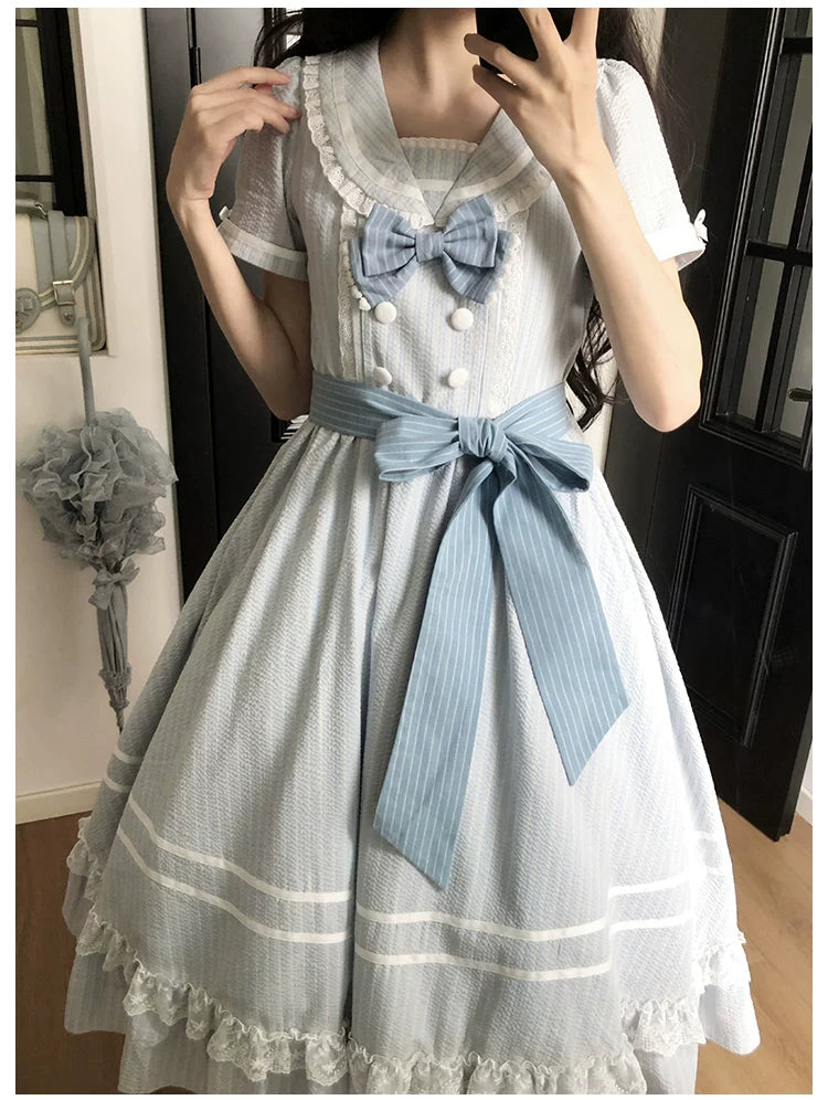 Seven-Day Bell - Blue Classic Lolita Striped OP Dress, Sailor Collar