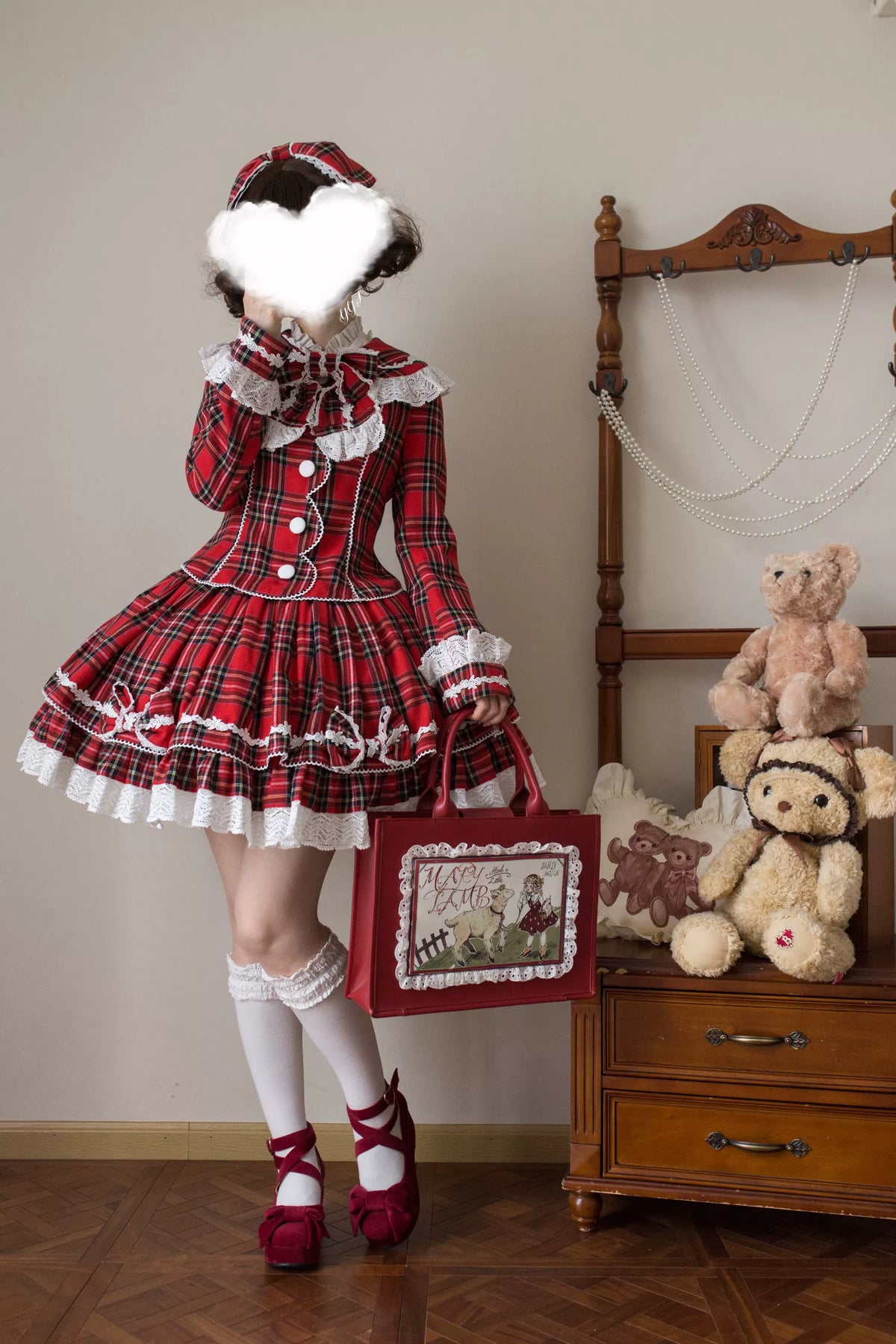 Christmas Knot - Christmas Old School Lolita Jacket & Skirt Set, Red Plaid 46051:873310