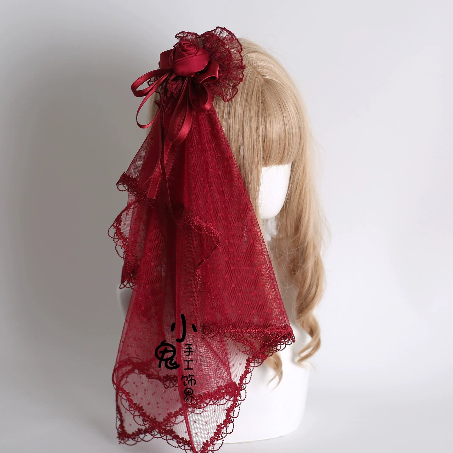Dark Red Gorgeous Headdress, Floral Veils 11. Hanamaru with Small Veil (with fixed clip)