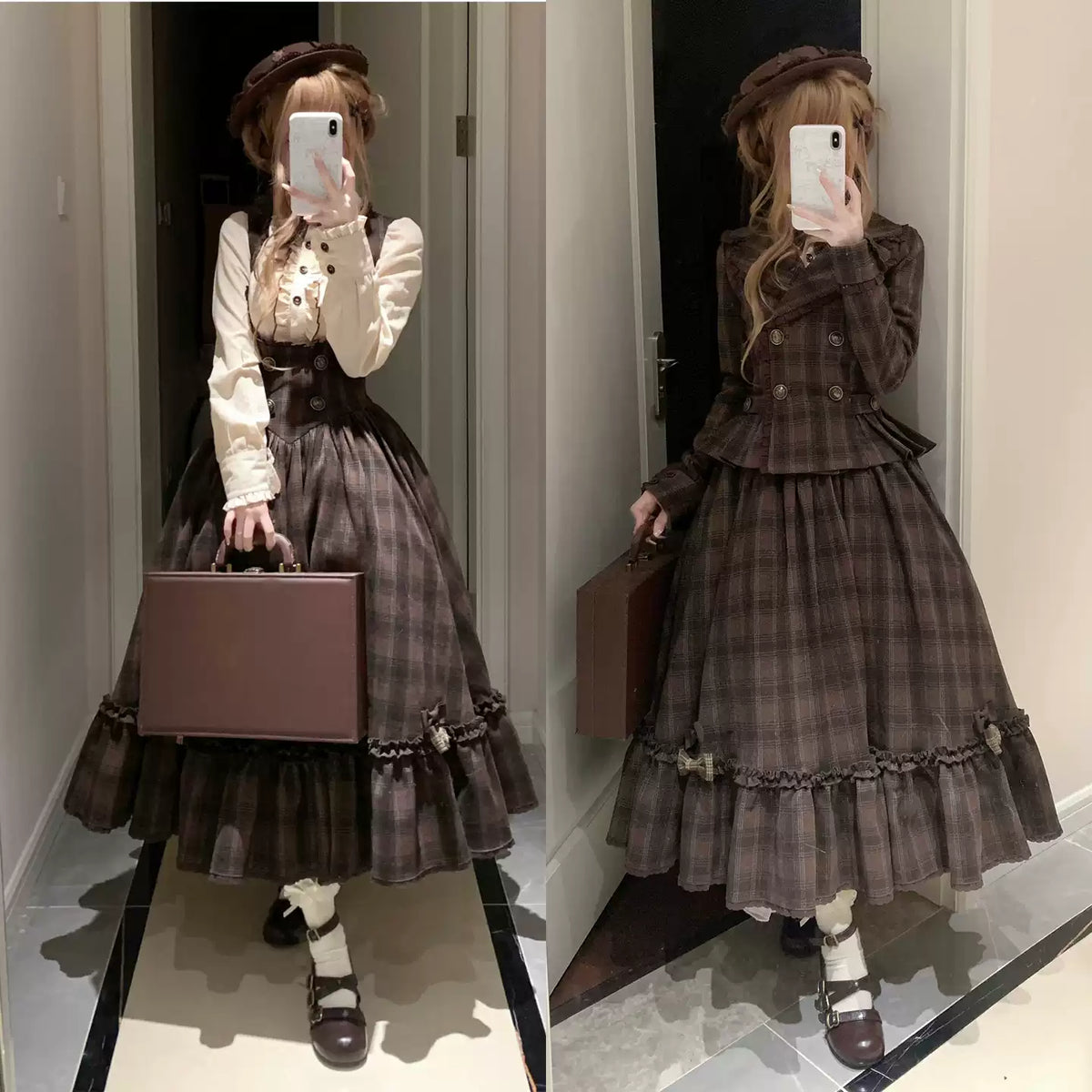 Sandwich Chocolate - Winter Classic Lolita Plaid Bust-supporting JSK & Coat Set 45903:867184
