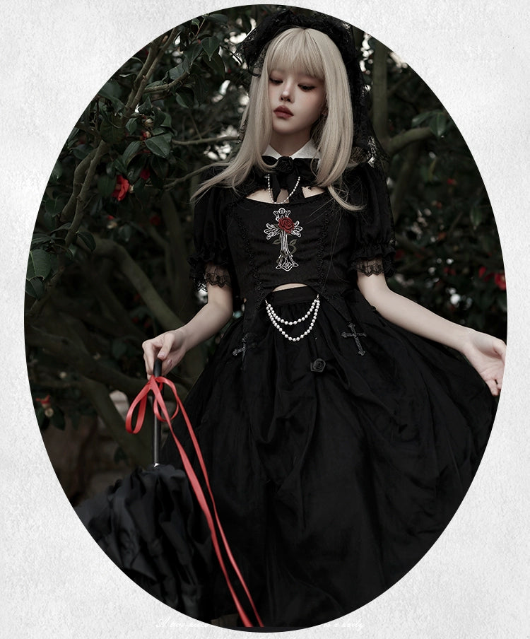 With PUJI~Evil Flower~Gothic Lolita Skirt Set Rose Embroidered Hollow Out Blouse 39596:631168