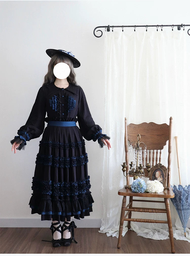 Wings and Bouquet - Dark Classic Lolita Blouse and SK Set, Layered Blue Ruffles 45680:858267