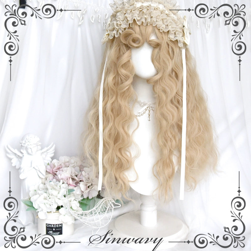 Sinwavy~Sweet Lolita Curly Wig Creamy Gold Bangs Wool Roll Wig   