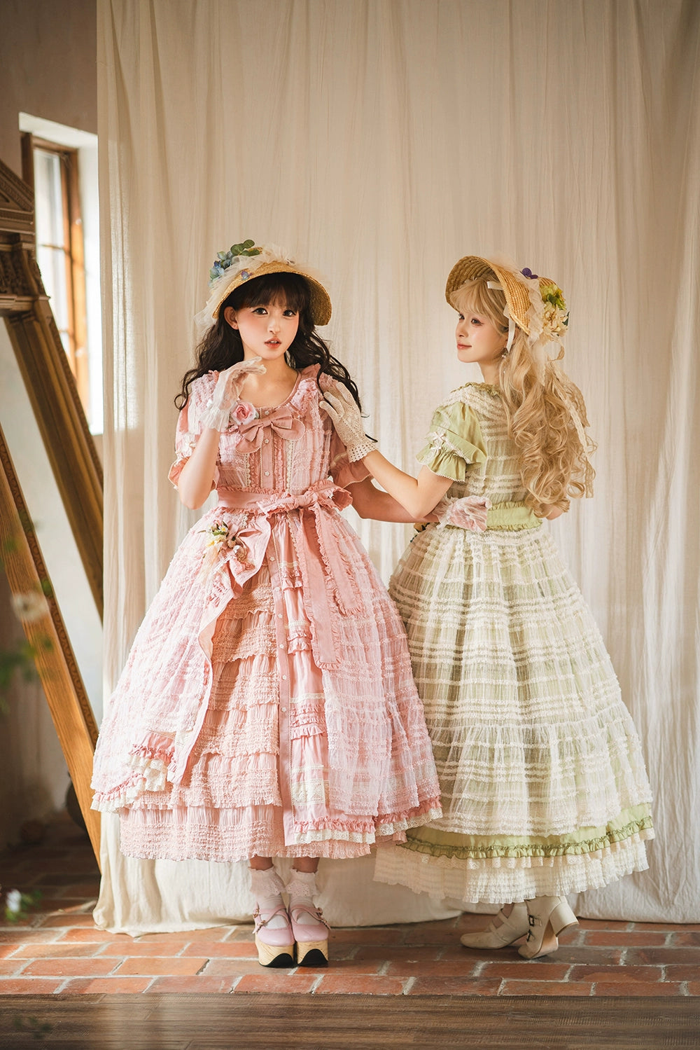 Miss Point~Cat Rose Tea~Elegant Lolita OP Open-front Short Sleeve Tiered Dress