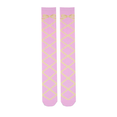 Roji Roji~Sweet Lolita Cotton Mid-Calf Socks knee-high socks pink background yellow straps 