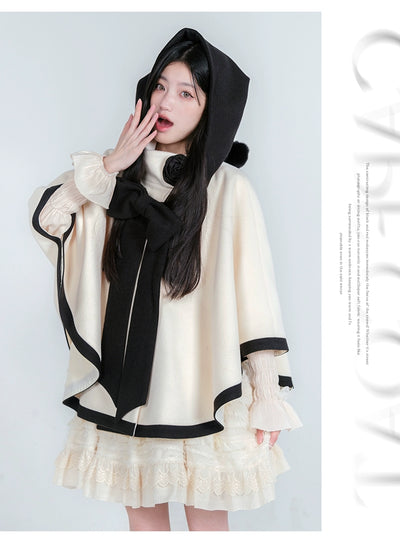 Urtto~Lolita Woolen Coat Autumn Winter Elegant Red and Cream Cloak   