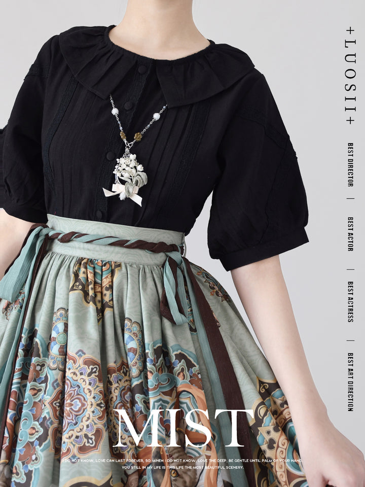 MIST~Spring Retro~Cotton Kawaii Lolita Shirt with Ruffled Neck and Lace Detail 42777:753223