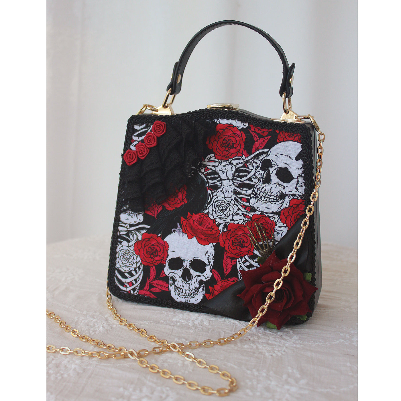 Deer Girl~Gothic Lolita Rose and Skeleton Print Handbag and KC bag with mental chain  
