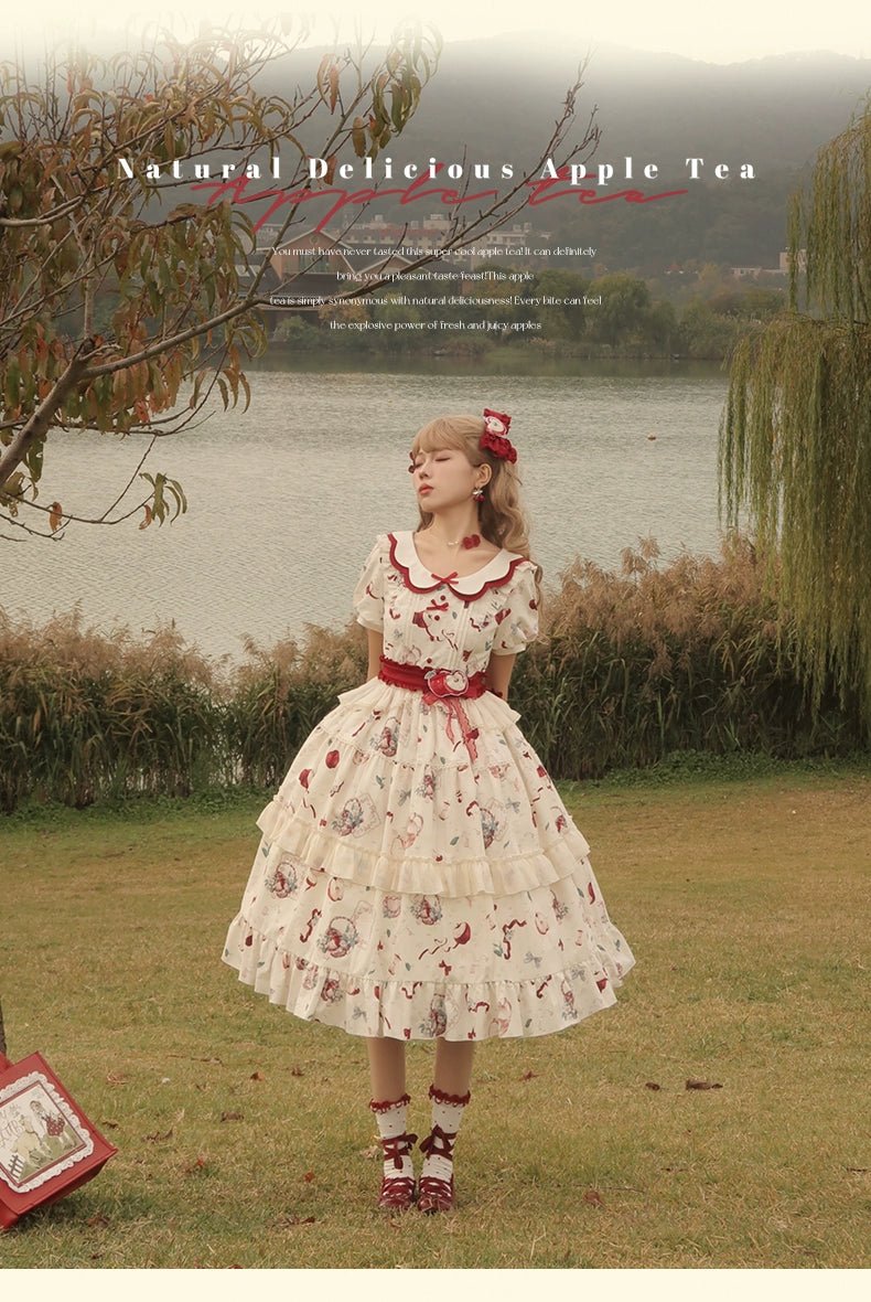 Urtto~Apple Tea~Country Lolita OP Dress Apple Prints Dress for Spring and Summer   