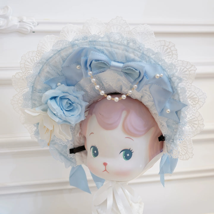 Mengfuzi~Old School Lolita Headdress Lovely Lolita BNT and Accessories Batch 6 White-Blue Bonnet Only