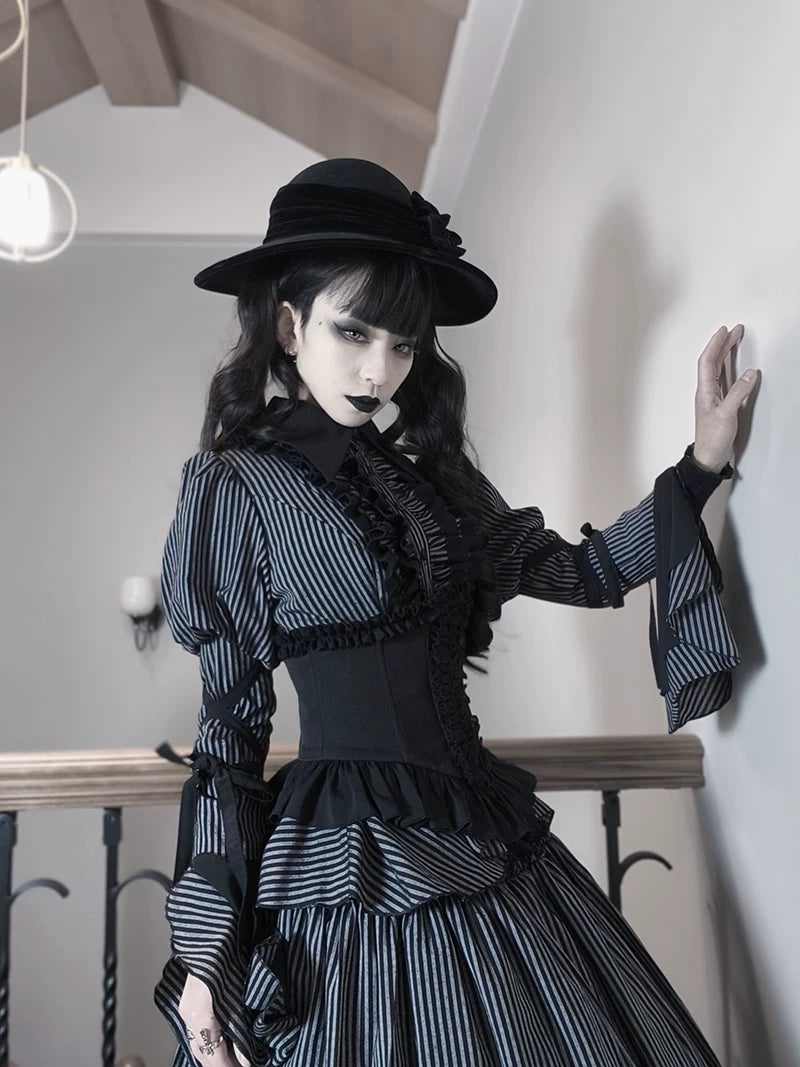 Striped Wednesday - Gothic Lolita Striped Blouse Set, Ruffled Corset 45176:838921