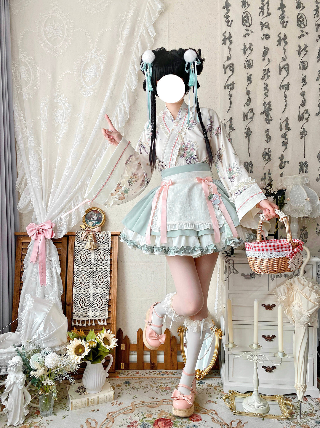 Qianmu~Little Herbalist~Han Lolita Skirt Outfit with Cross-collar Blouse and Apron