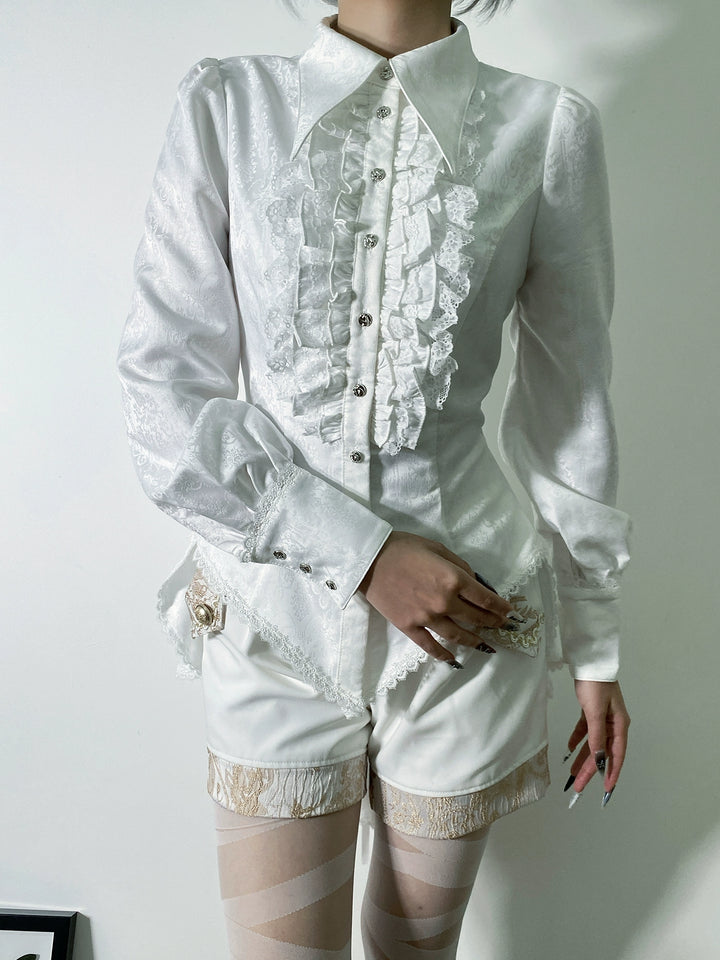 Little Dipper~Cold Rice~Ouji Lolita Shirt Long Sleeve Prince Blouse White Shirt with White Lace - [Long Version] S