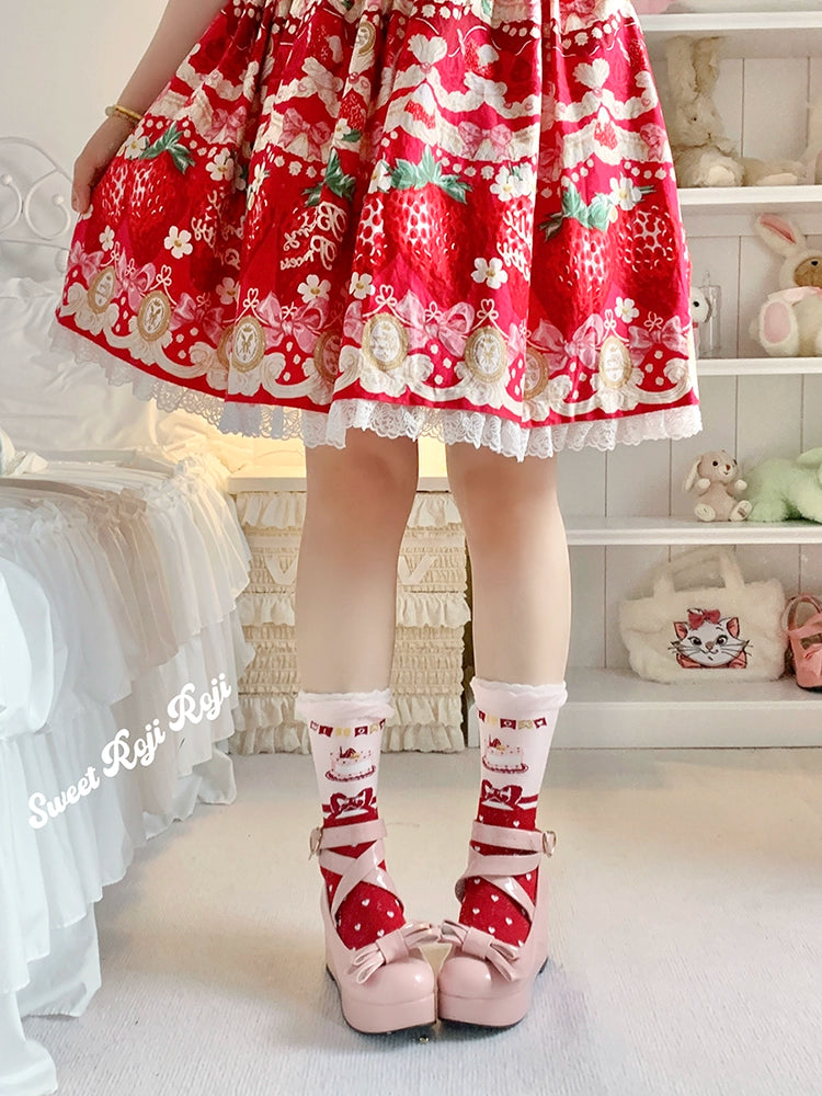 Roji Roji~Sweet Lolita Socks Cake Pattern Winter Socks Red Socks Only Free Size