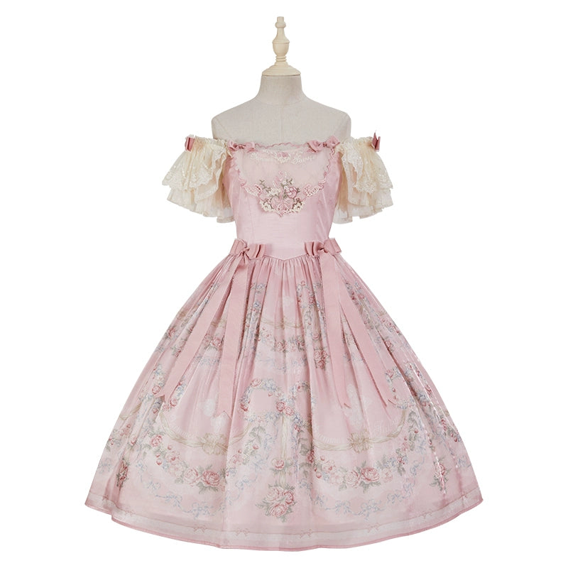 Midsummer Story~Velandri Gardens~Elegent Lolita JSK Dress Off Shoulder Dress with Cape XS Off-shoulder JSK- Pink 