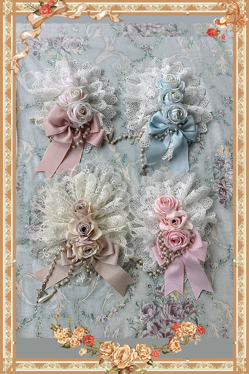 Elegant Lolita Hanamaru Hair Clip, Rose Bow & Pearl-like Chain 46096:874848
