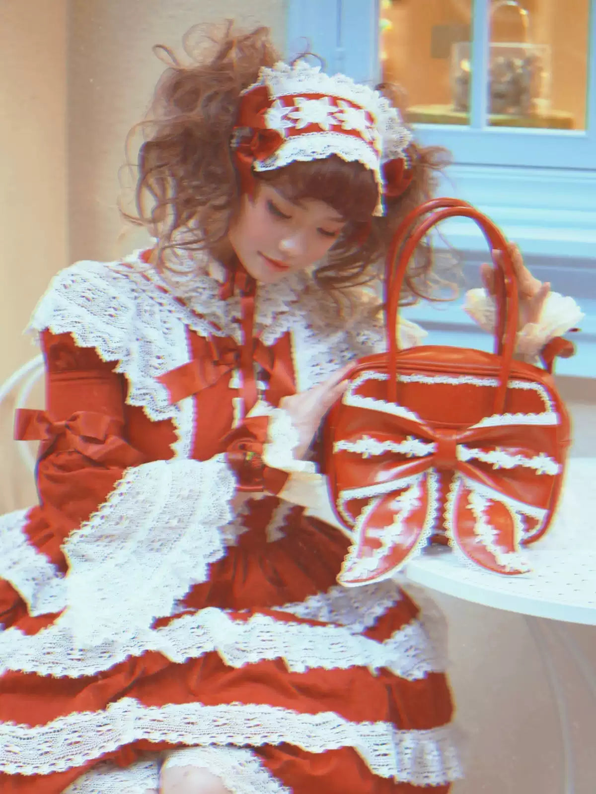 Sheep Puff - Old School Lolita Bag, Ear-Like Bow & Floral Lace