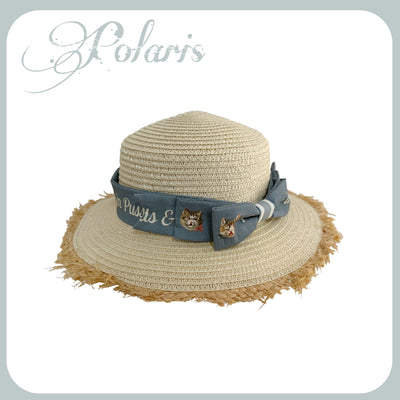 Polaris Lolita~Cat and Sunflower~Sweet Lolita JSK Cat and Sunflower Print Dress and Headdress Set S blue straw hat(with a hatband) 
