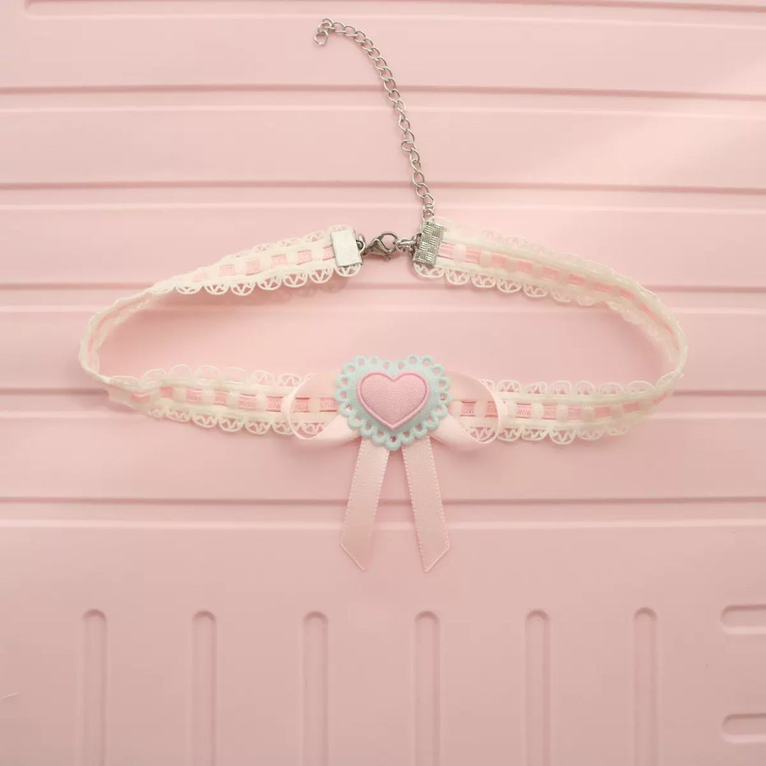 Creamy Bubbles~Sweet Lolita Choker Macaron Colors Bear Heart Necklace Baby pink hair ball  