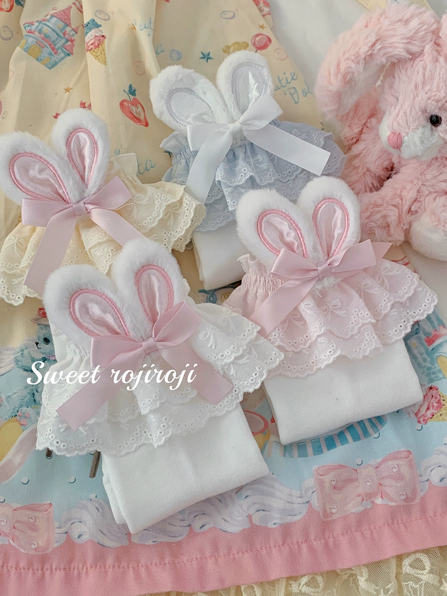 Roji roji~Cotton Lolita Bunny Ear Socks Summer Bow Short Socks   