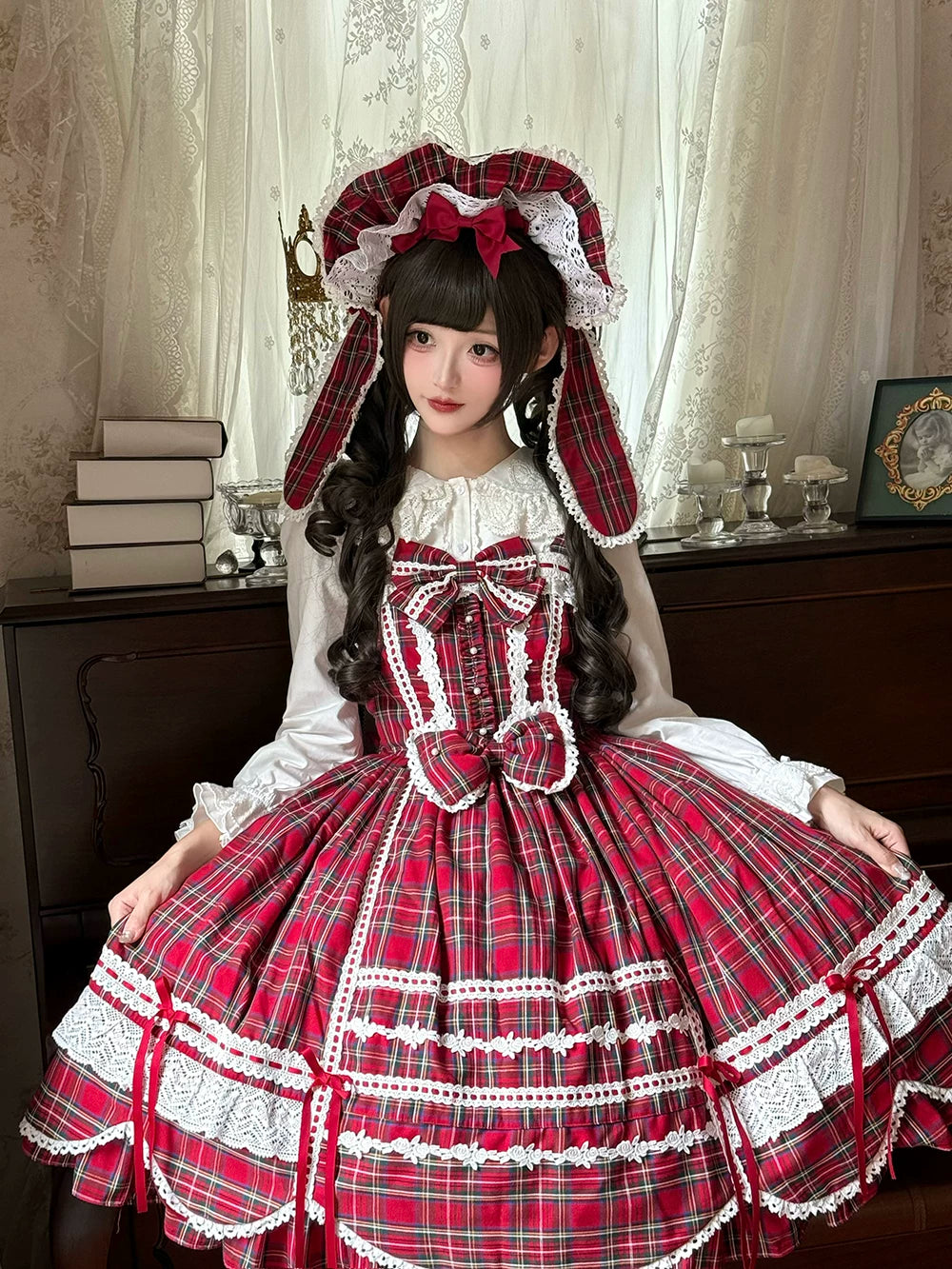 Plaid Petal Bunny - Kawaii Lolita Cotton Shirt, Bunny Ear 44675:818493