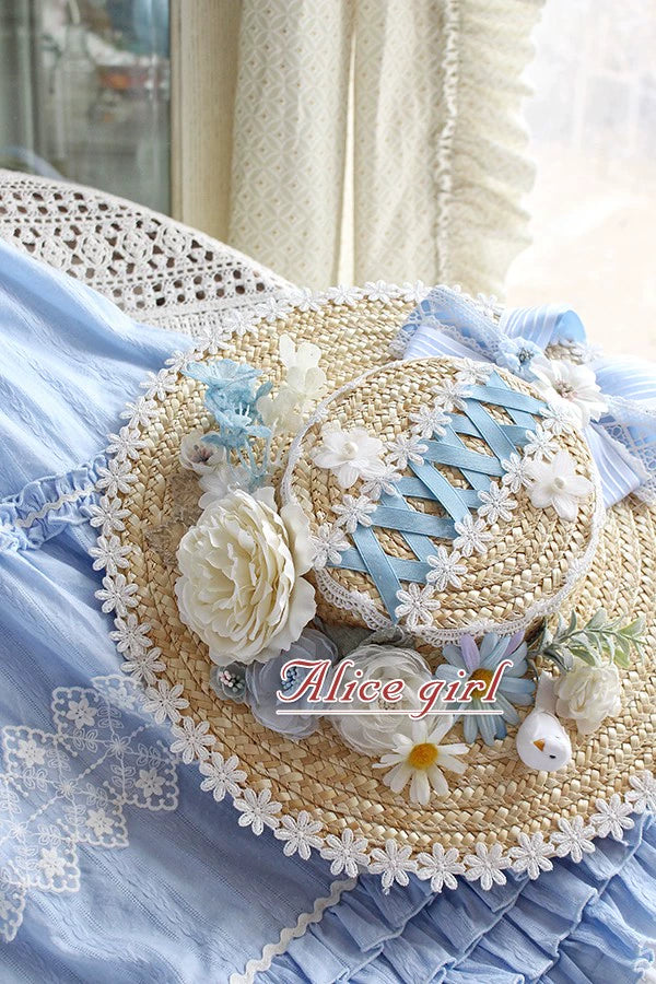 (BFM)Alice Girl~Handmade Lolita Hat Sunflower Butterfly Bow Flat Hat Free size Blue 