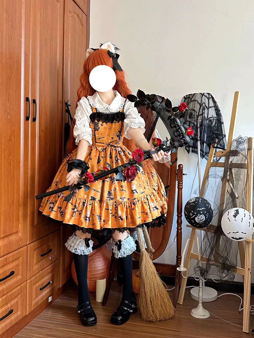 (Buyforme)Strawberry Alice~Mew Mew Witch Halloween Cat Print Lolita JSK pumpkin color S 