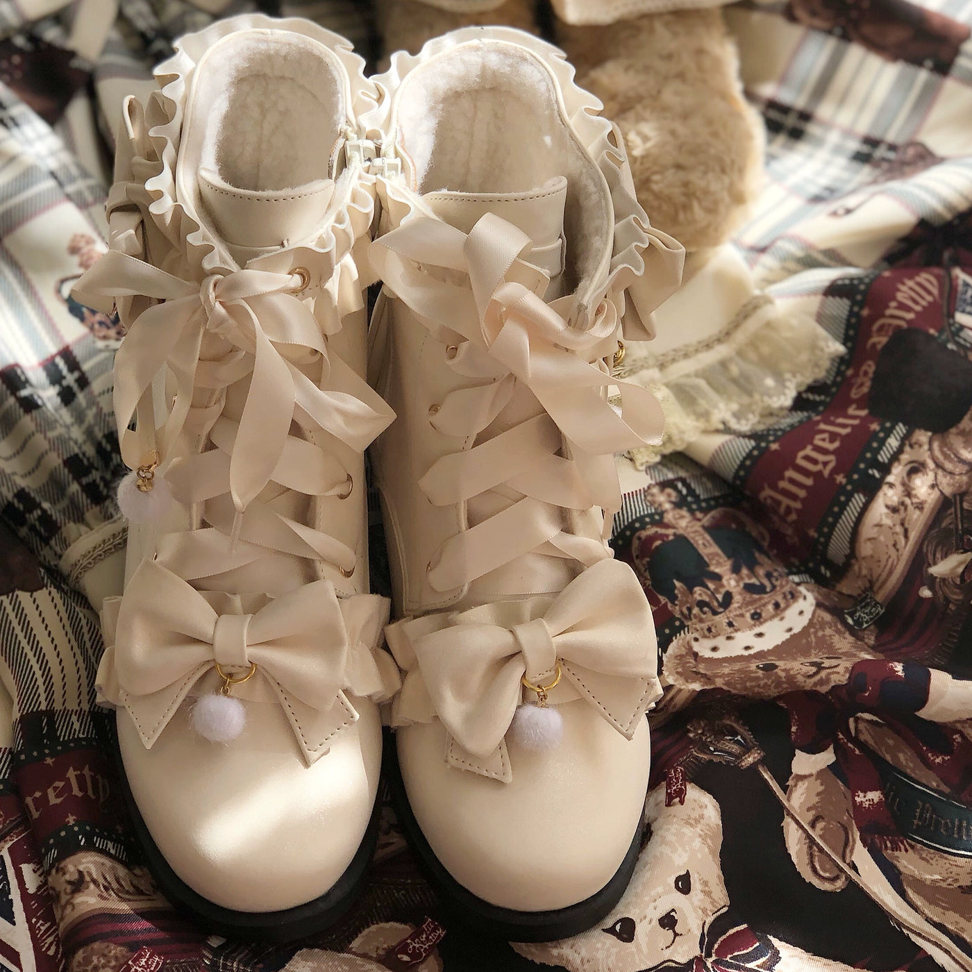 Fairy Godmother~Enthusiastic Ideation~Elegant Lolita Shoes Fleeced Short Martin Boots 37 Mid Heel Matte Ivory with Fleece 