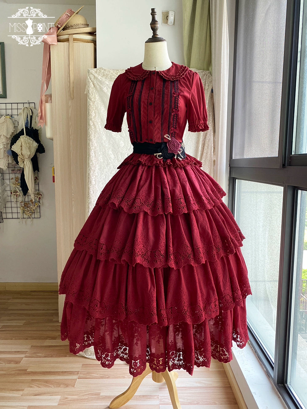 Miss Point~Forest Waltz~Classic Lolita Tiered Skirt Multi-layer Embroidered SK S Wine red 4-layer skirt only 