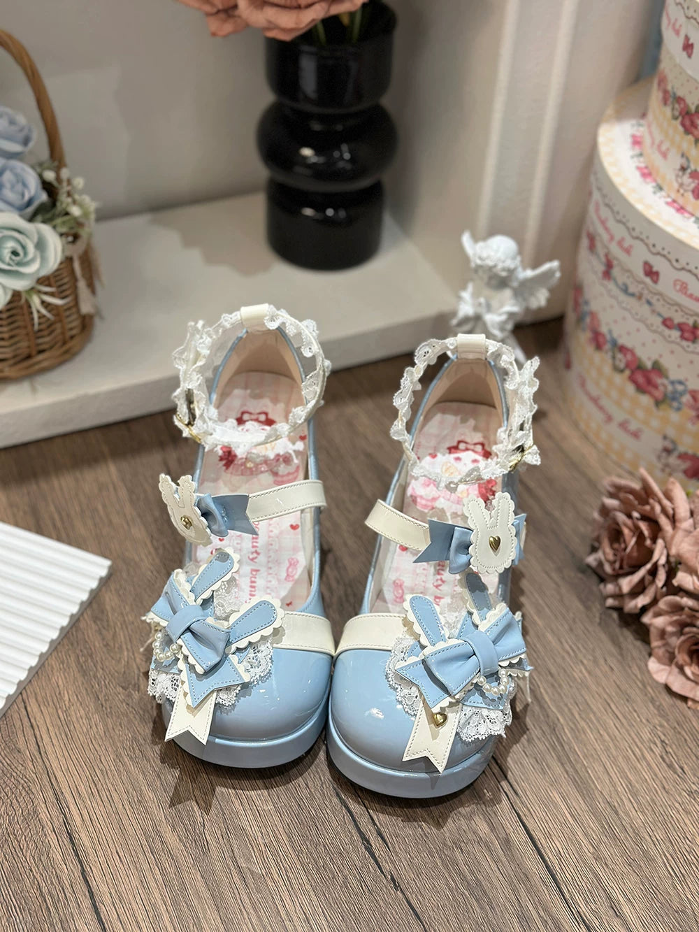 Sweet Bunny Tea Party - Sweet Lolita Chunky Heels Shoes, Bunny-ear Bow Decoration (漆皮蓝 / 34 35 36 37 38 39 40) 44839:825396