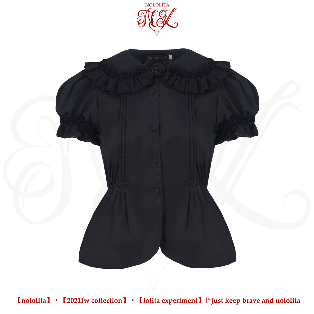 Nololita~Nightingale~Old School Lolita Shirt with Detachable Sleeves Black short sleeve shirt only XS