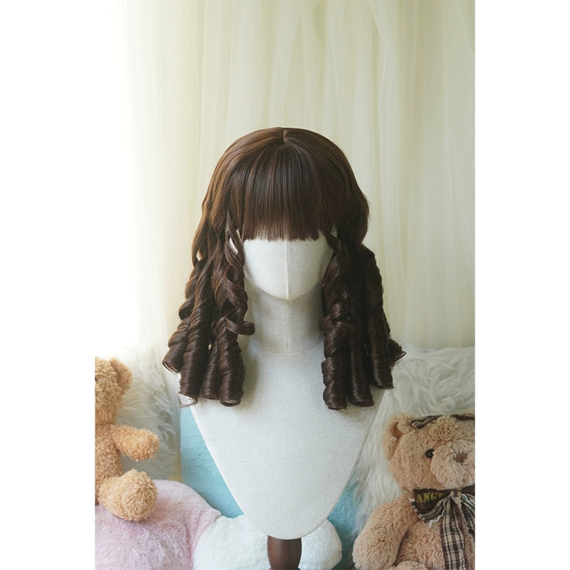 Imperial Tea~Retro Lolita Wig Short Roman Curl Hairpiece Dark brown straight bangs with hairnet